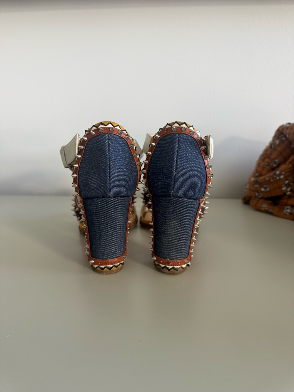 Christian Louboutin Multicolor Denim, White & Brown Block Heel Sandals - Picture 3 of 4